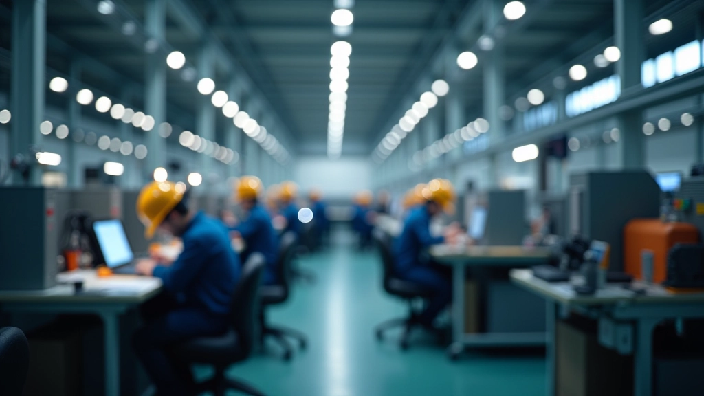 Usine manufacturière moderne avec équipements de production, ouvriers au travail, environnement industriel professionnel