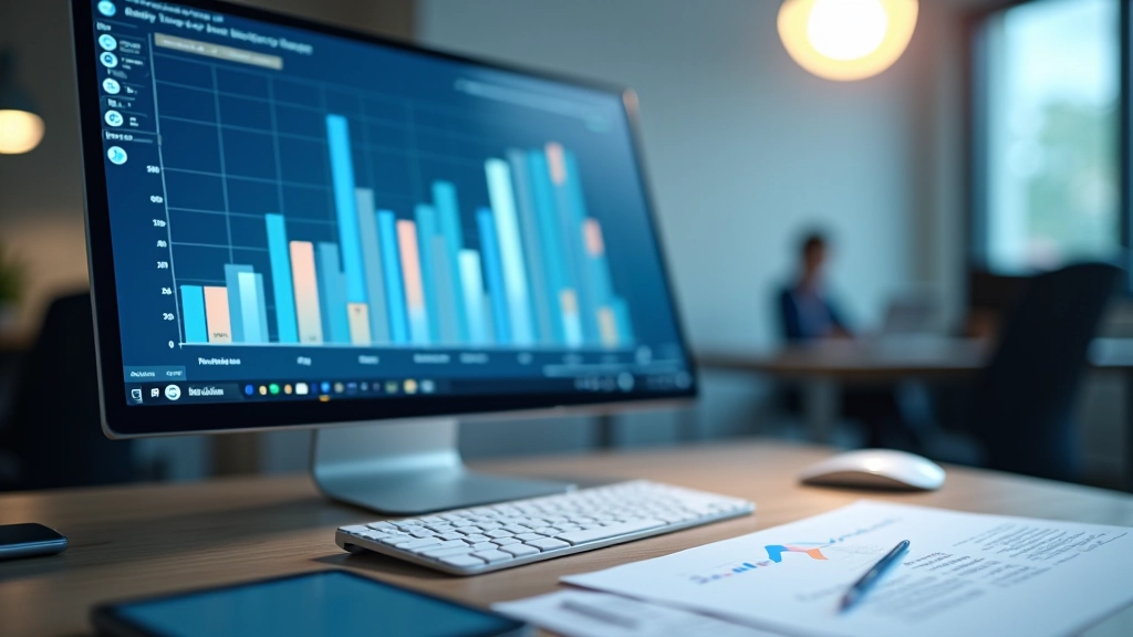 Graphique de productivité sur écran d'ordinateur, données statistiques, environnement de travail professionnel avec chiffres